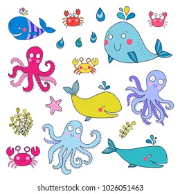 Vector set of sea animals: whales, octopus, crab, sea star. Lovely childish cute illustrations. Perfect for kids.