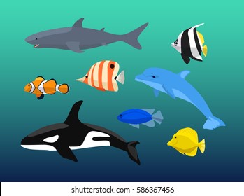 Vector set of sea creatures