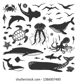 Vector set of sea creatures and animals. Vector silhouettes of whales, sharks, dolphin, octopus, jellyfish, turtle, crab and other marine animals isolated on white background. 