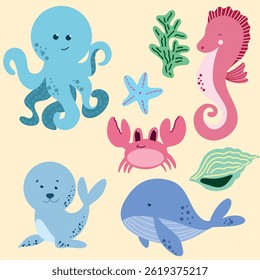 Vector set of sea creatures in cartoon style
