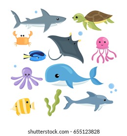 Vector set of sea creatures. Cartoon style sea animals.