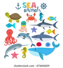 Vector Set Of Sea Creatures. Cute Cartoon Animals. Vector Illustration