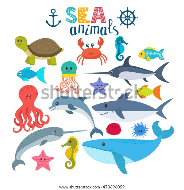 海の生き物のベクター画像セット かわいい漫画の動物 ベクターイラスト のベクター画像素材 ロイヤリティフリー