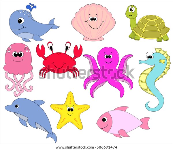 海の生き物のベクター画像セット かわいい漫画の動物 ベクター