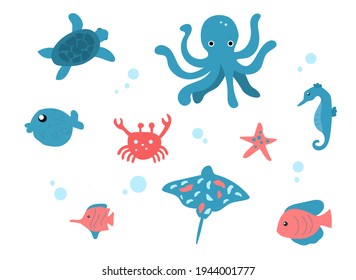 Vector set of sea creatures on white background. Isolated objects for decoration, prints, packages. etc