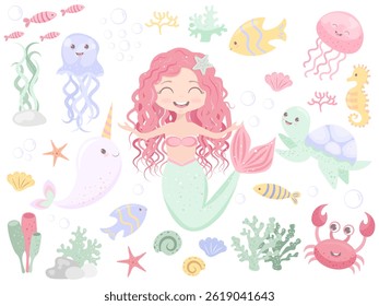 Vector set of sea elements with sea animals and mermaid