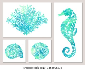 Vector set of sea elements in blue watercolor style: seashells, starfish, seahorse, coral. Composition of illustrations on wall in white frames