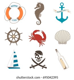 Vector set of sea elements - rescue circle, seahorse, anchor, wheel, crab, seashell, boat, bottle, pirate symbol