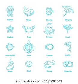 Vector set of sea fauna and animals. Thin line vector icons, blue navy underwater  kit. Marine life elements. Ocean under water creatures - whale, dolphin, stingray