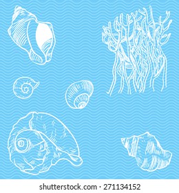 Vector set of sea fauna on blue background