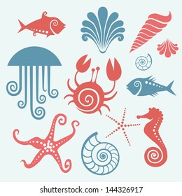 Vector set of sea fauna. Stylized original simple icons of starfish, sea horse, jellyfish, fish, crab, shell, nautilus. Abstract decorative cute illustration. Graphic design elements for print and web