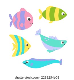 Vector set of sea fish cartoon illustration on white background. Colorful flat simple aquarium fish icon for your design.