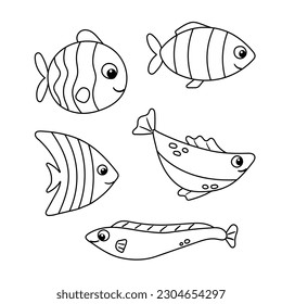 Vector set of sea fish cartoon illustration on white background. Flat simple aquarium fish icon for your design.