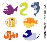  vector set of sea fish. Cute cartoon animals. Vector illustration. Underwoter animals. Sea animals. 