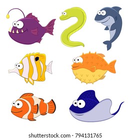  vector set of sea fish. Cute cartoon animals. Vector illustration. Underwoter animals. Sea animals. 