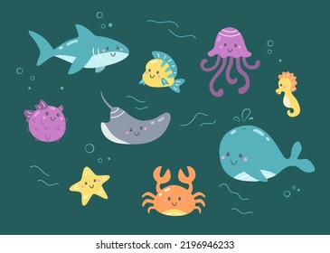 Vector set of sea fishes. Cute collection of ocean underwater life. Children doodle illustration of colorful aquarium fauna. Cartoon aquatic nature on the reef, starfish, shark, whale, jellyfish, crab