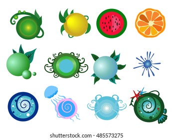 Vector set of sea and fruit symbols
