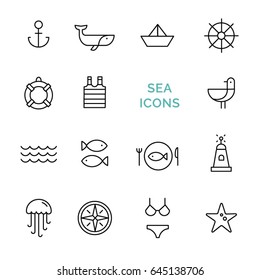 Vector set sea icons. Line design. Black line icons on white background isolated. Collection of fifteen flat icons. Trendy design  