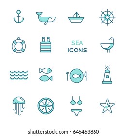 Vector set sea icons. Line design. Color line icons on white background isolated. Collection of fifteen flat icons. Trendy design