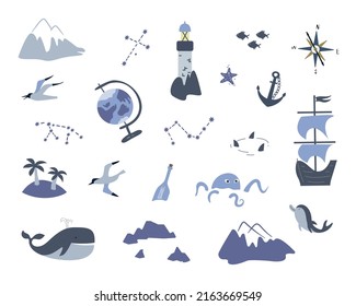 Vector set with sea items, ship, island, bottle and lighthouse. Globe, constellation. Treasure, pirate map. Vector flat illustration.