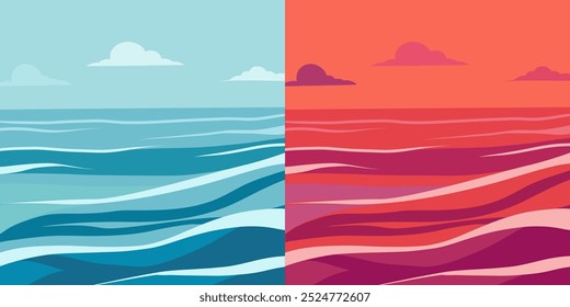 Conjunto vetorial de paisagens marinhas durante o dia e ao pôr do sol. Coleção de paisagens aquáticas. Oceano com ondas para cartões postais em estilo plano