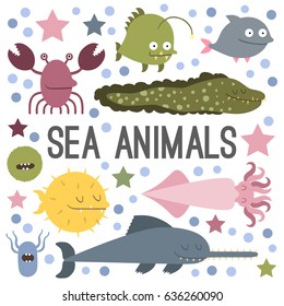 Vector. Set of sea life animals. Flat style