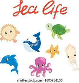 Vector set of sea life . Cartoon, animals characters isolated on white background. Concept for logo, icon, print, stickers 