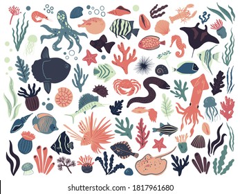 Vector set with sea life elements. Hand drawn design with different types of fish, corals, seaweed.  Doodle cartoon collection of marine life. 