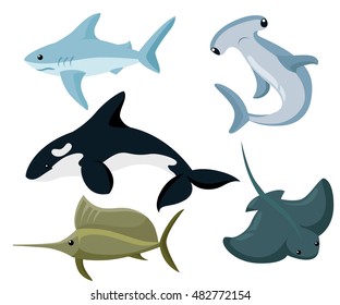 Vector set of sea marine fish and animals