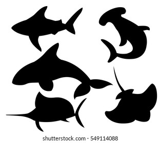 Vector set of sea marine fish and animals silhouette