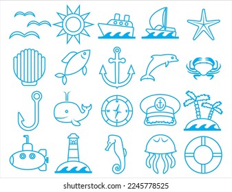 Vector set sea, marine icons. Line design. Blue line icons on white background isolated. Contains such Icons as navy, rope ring, curly wave, shrimp, oyster, crab and more.