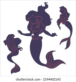 Vector Set Of Sea Mermaid Silhouettes Illustration Isolated On White Background