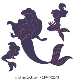 Vector Set Of Sea Mermaid Silhouettes Illustration Isolated On White Background