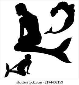Vector Set Of Sea Mermaid Silhouettes Illustration Isolated On White Background
