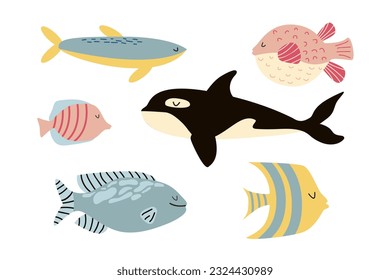 Conjunto de vectores de peces marinos y oceánicos. Pescado acuario, pescado de mar, orca. Peces lindos dibujados a mano en un estilo plano. Fondo blanco aislado.