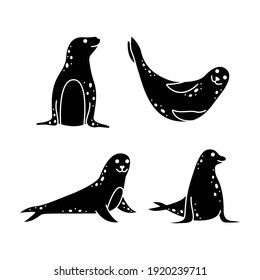 Conjunto vectorial de focas marinas. Animales marinos. Arte de línea y estilo sencillo