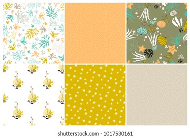 Vector set of sea seamless patterns. Underwater world, multicolored shells, corals and seaweeds on the ocean floor. For wallpaper, stationery, scrapbooking, home decor and textile, fabric prints.