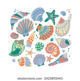 Vector set of sea shells. Multicolored sea isolated elements. Ornamented sea creatures. Set for designing cards, patterns, prints. Starfish, shells, sea set.