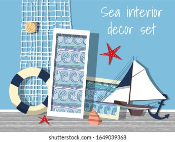 Vector set of sea style interior decor for hotel with shells, ship, sea star, life ring, wheel. Marine souvenier from vacation on ocean resort.