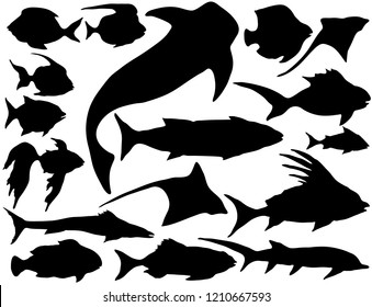 Vector set of sea underwater fish Silhouettes