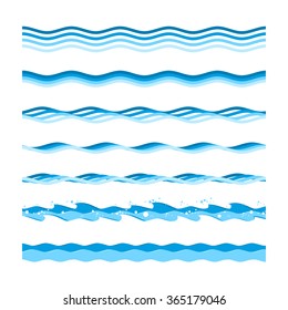 Vector set of sea waves on a white background. Ocean waves in a variety of graphic styles.