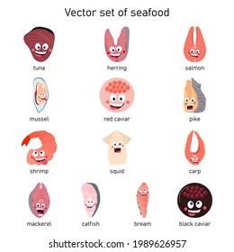 Vector set of seafood. Cartoon drawing of tuna, herring, salmon, mussel, red caviar, pike, shrimp, squid, carp, mackerel, catfish, bream, black caviar.