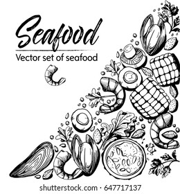 Vector set of seafood design for menu, packaging, corporate identity restaurant, coffee, shop, products,