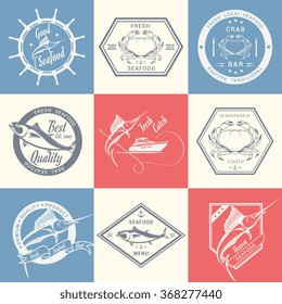 Vector set of seafood labels and signs. Collection of Seafood Restaurant Badges, symbols and Icons in Vintage Style. Stock Vector.