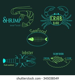 Vector set of seafood logos. Crab, lobster, shrimp, fish, seafood, restaurant logo collection. Seafood poster badges, labels, icons and design elements.
