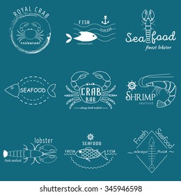 Vector set of seafood logos. Crab, lobster, shrimp, fish, seafood, restaurant logo collection. Seafood poster badges, labels, icons and design elements.