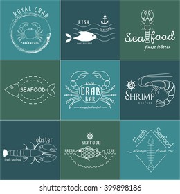 Vector set of seafood logos. Crab, lobster, shrimp, fish, seafood, restaurant logo collection. Seafood poster badges, labels, icons and design elements.