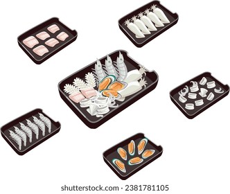 vector set of Seafood menu,Shabu,sukiyaki,moo kra ta,fresh shrimp,squid,oyster.