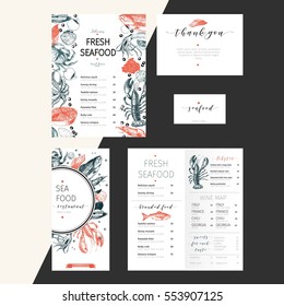 Vector set for seafood restaurant branding. Flyer, brochure, banner, business card. Hand drawn vintage elements. Engraved Salmon, lobster. octopus, squid, crab, caviar, fillet and clams.