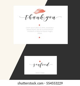 Vector set for seafood restaurant branding. Banner, thank you, business card. Hand drawn vintage elements. Engraved Salmon, lobster. octopus, squid, crab, caviar fillet and clams